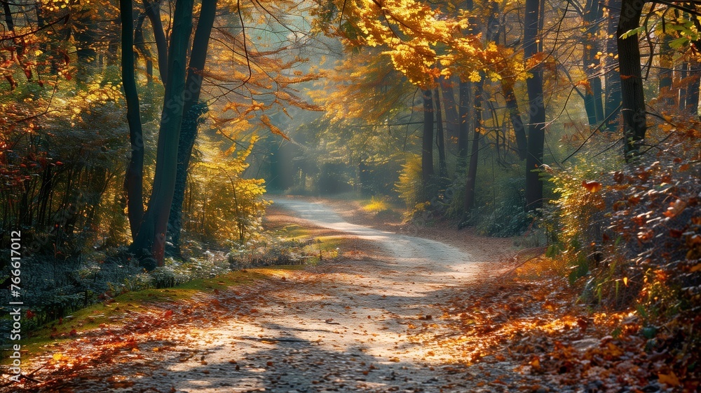 Whispers of Autumn: A scenic view of a gently winding path through an autumn forest, with trees in full seasonal glory on either side.