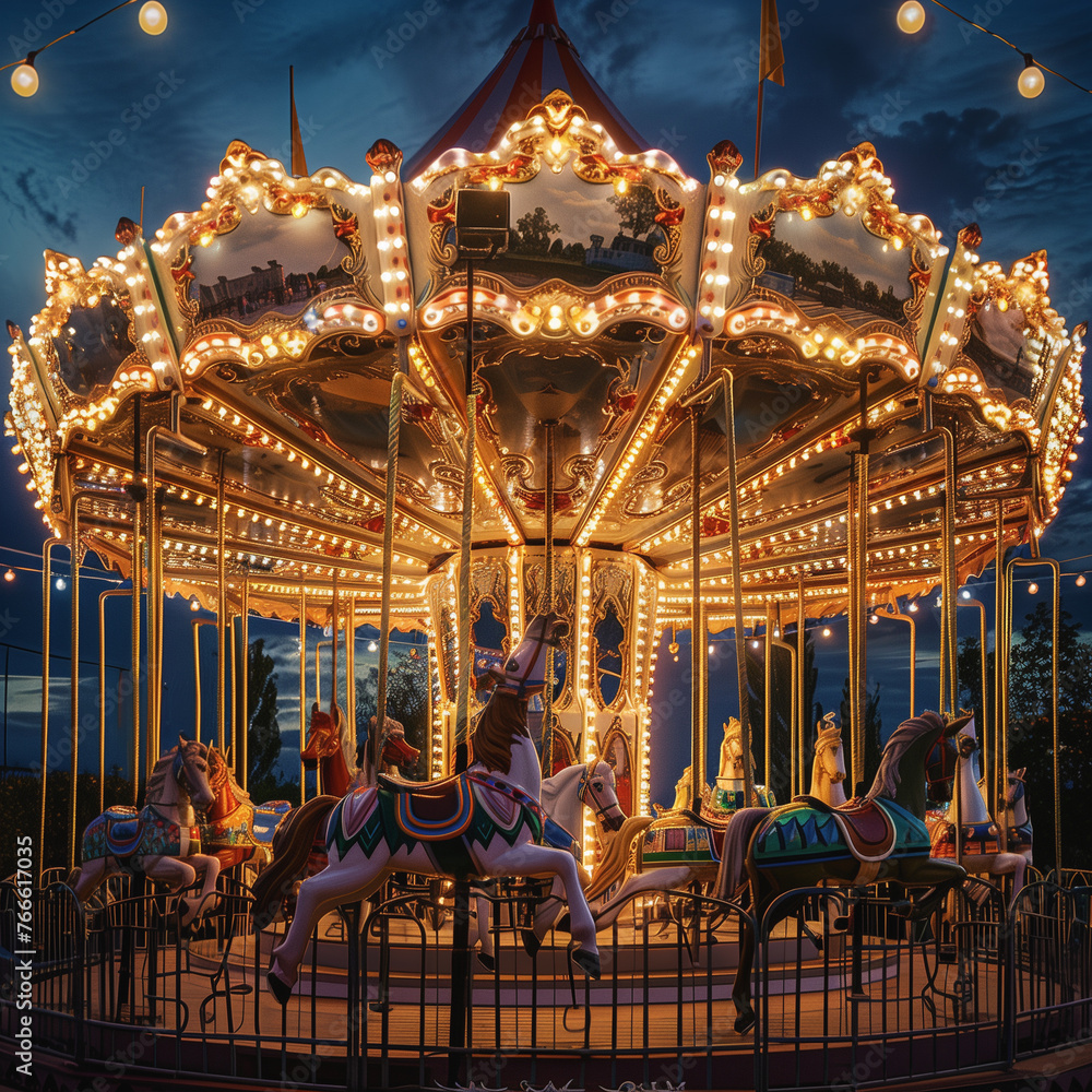 carousel in the evening with ornate details and prancing horses
