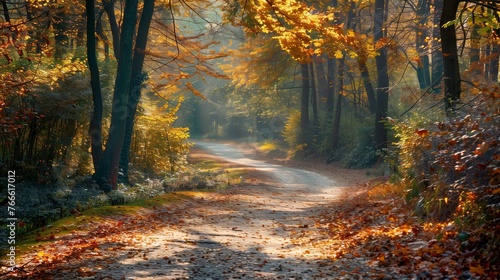 Whispers of Autumn: A scenic view of a gently winding path through an autumn forest, with trees in full seasonal glory on either side. © Hammad