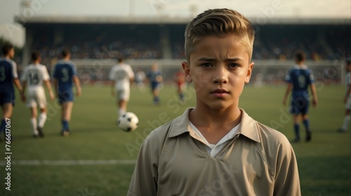 A young boy standing in front of a soccer field with other players. Generative AI.