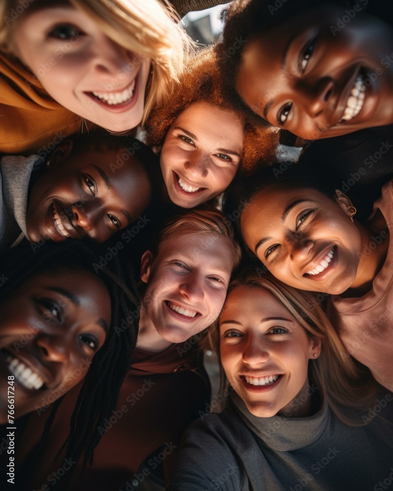 A group of women are smiling and looking up at the camera. Generative AI. A group of women are smiling and looking up at the camera. Generative AI.