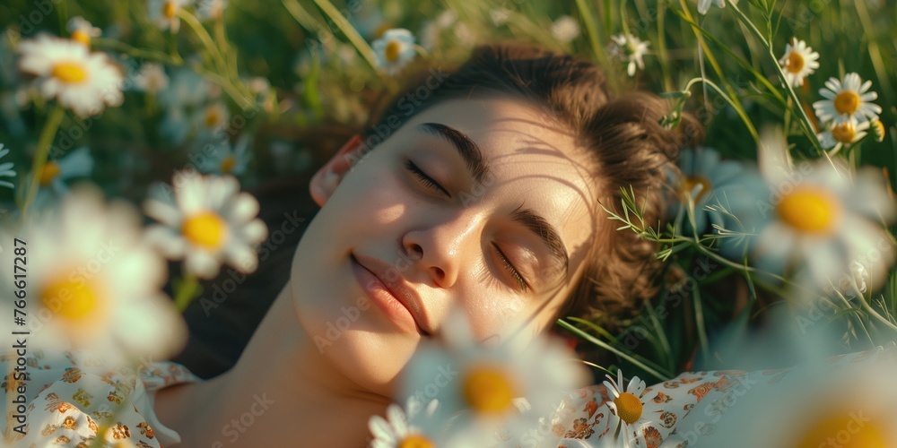 Teenage girl basking in the warmth of a sunlit daisy meadow. Concept of youth, spring beauty, and relaxation in nature Teenage girl basking in the warmth of a sunlit daisy meadow. Concept of youth, spring beauty, and relaxation in nature