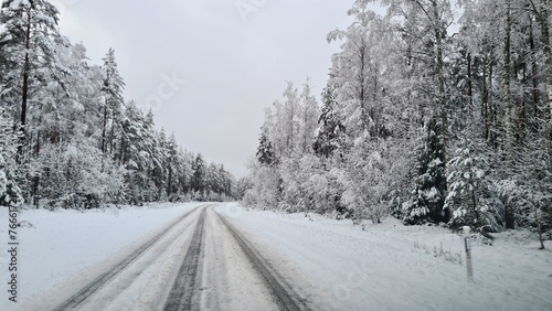 Narrow country road going into the distance among snow-covered forest