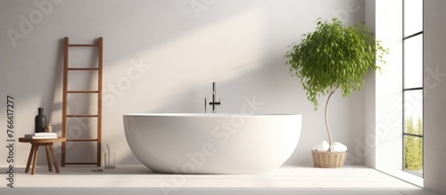 An up-close view of a bathtub inside a white bathroom accompanied by a step stool