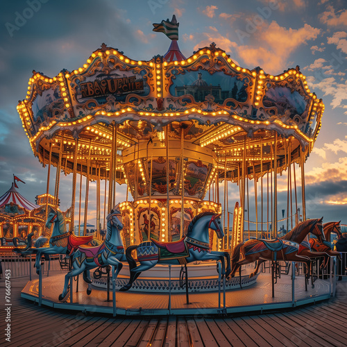 carousel in the evening with ornate details and prancing horses © alex