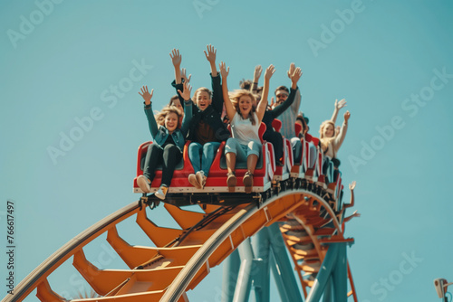 a riders with raised hands enjoying a thrilling roller coaster ride