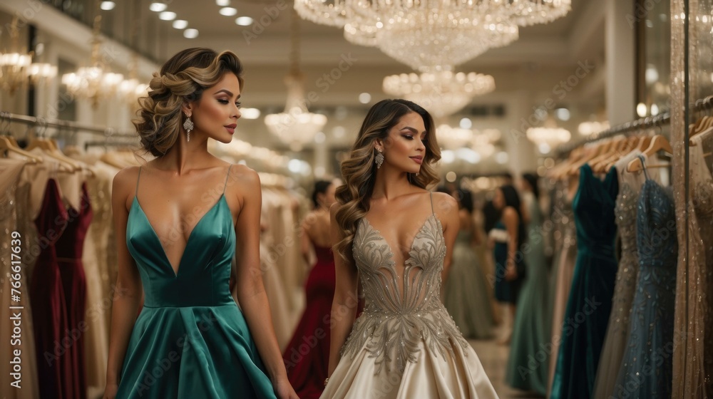 Naklejka premium Two women in dresses are standing next to each other. Generative AI.