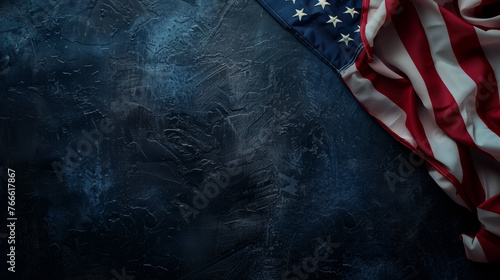The concept of Independence Day in the USA. The American flag on a dark blue background. The location of the text, the business concept. photo