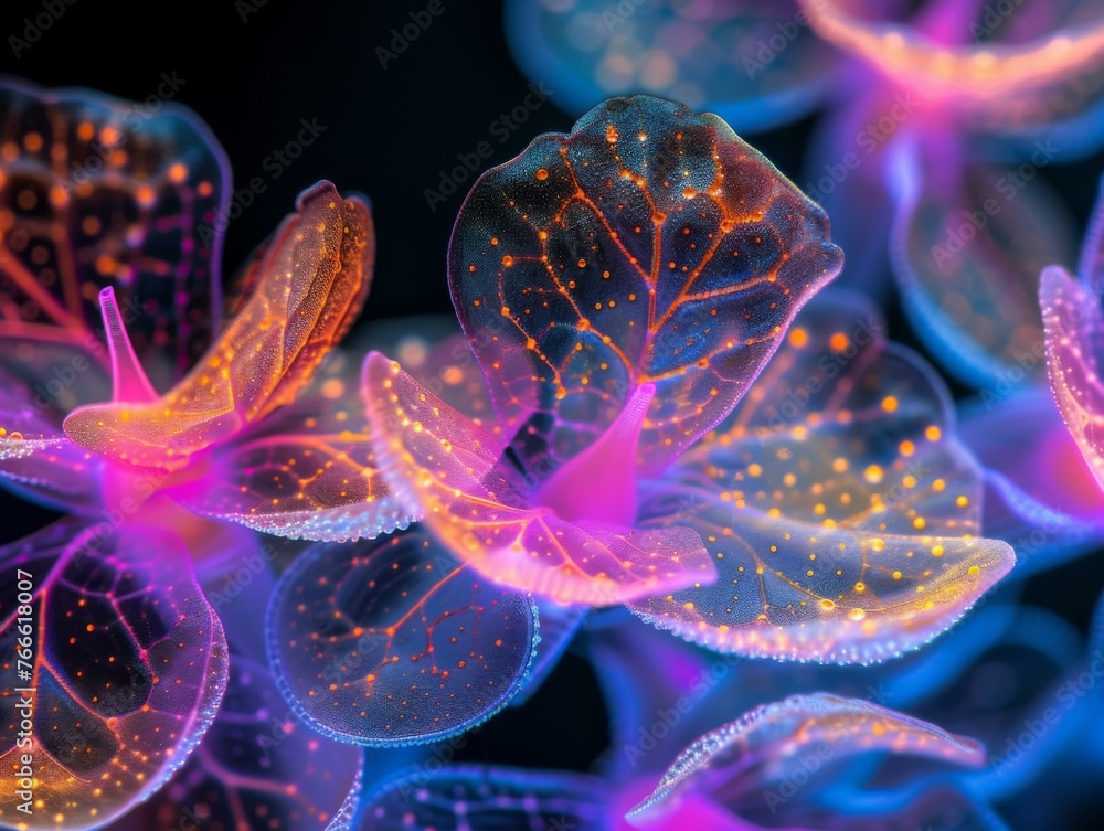Glowing neon illustrations of cellular structures. Generative AI. Glowing neon illustrations of cellular structures. Generative AI.