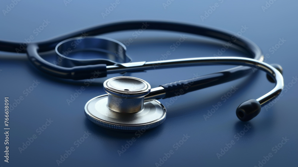 A stethoscope lies on a smooth blue fabric surface. A stethoscope lies on a smooth blue fabric surface.