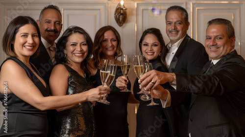 Elegantly dressed individuals clink champagne flutes in a festive celebration.