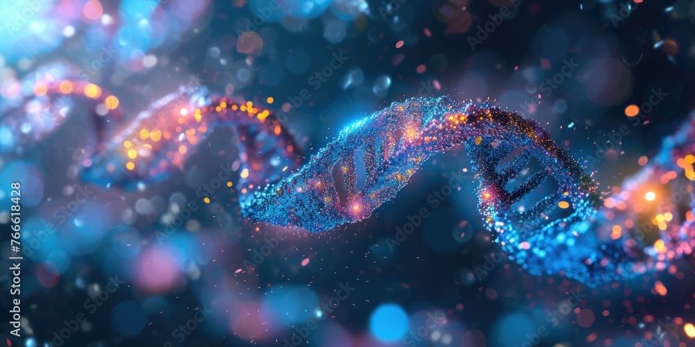 A close up of a DNA strand with lights and sparkles. Generative AI. A close up of a DNA strand with lights and sparkles. Generative AI.