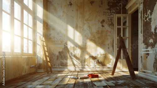 A sunny room is undergoing renovation with painting tools and equipment scattered around.