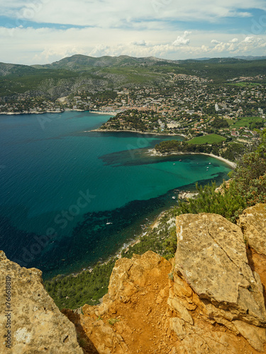 Cliffs above Cassis panoramic view (Falaises de Cassis), popular hiking landmark in Calanque National Park, Provence, France