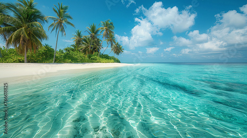 Photo of sandy beach with many palm trees and beautiful blue sea. Summer vacation concept at sea. Tropical landscape