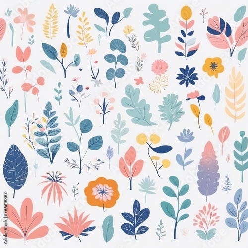 A collection of seamless pattern  colorful abstract plants and flowers. Hand drawn Collection of leaves and flowers. A close up of a pattern of flowers and leaves. 