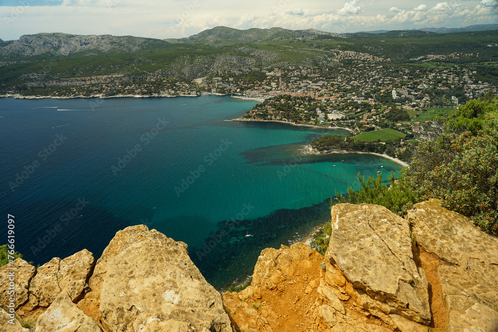 Cliffs above Cassis panoramic view (Falaises de Cassis), popular hiking landmark in Calanque National Park, Provence, France