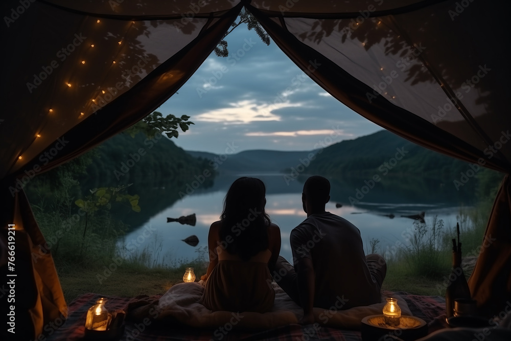 Couple of young people in love on a trip in the mountains, sitting with their backs in a tent by candlelight and looking at the lake and mountains at dusk, romantic date