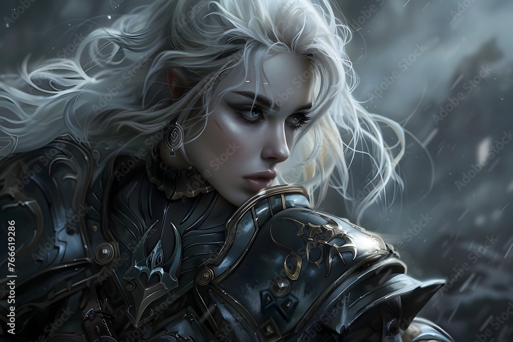 White-Haired Fairy Tale Heroine in Gleaming Fantasy Armor at Twilight