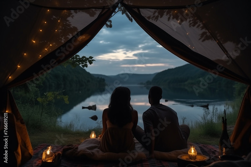 Couple of young people in love on a trip in the mountains, sitting with their backs in a tent by candlelight and looking at the lake and mountains at dusk, romantic date © tatsiana502