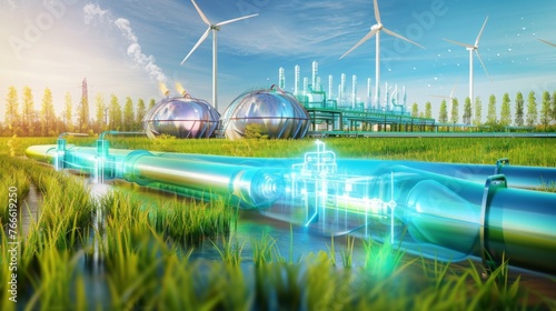 windmills turbines in a natural field for wind generation of hydrogen out of air or water into pipeline, Green hydrogen nitrogen to form nitrogen fertilizer production banner concept