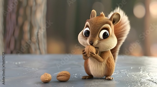 Sparking Imagination: A Cute Cartoon Baby Squirrel with a Nut