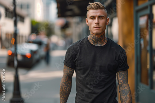 Confident Tattooed Man in Urban Setting  Stylish Streetwear Fashion