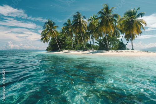 Photo of sandy beach with many palm trees and beautiful blue sea. Summer vacation concept at sea. Tropical landscape