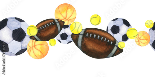 Watercolor balls seamless horizontal border. American football, soccer, tennis, buscketball ball. Hand drawn illustration isolated on white. photo