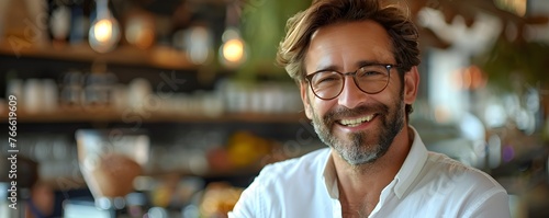 Morning Delight: Joyful Manager Enjoying Candid Moment in Coffee Shop with Morning Light