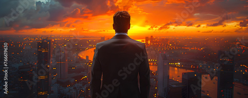 Determined Male Executive: Ascending Career Heights Amidst Dusk's Glowing Cityscape