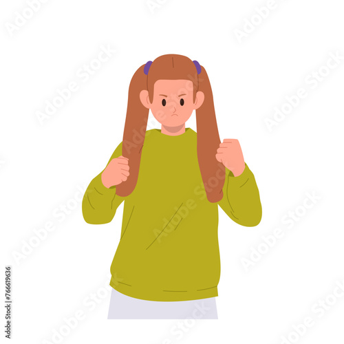 Angry grumpy preteen girl child cartoon character clenching fists feeling mad and aggressive