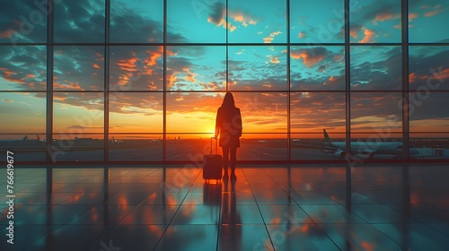 Wanderlust Journey: Traveler Silhouetted Against Vibrant Airport Sunset