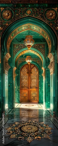 Exquisite Arabic Archway Adorned with Pearl Inlays and Emerald Carvings: A Showcase of Luxury and Craftsmanship photo