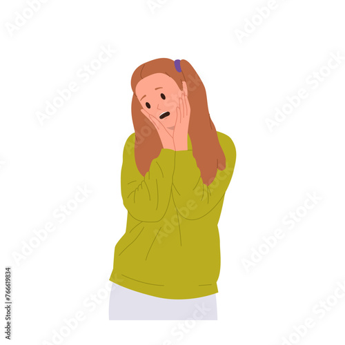 Isolated surprised excited preteen girl child cartoon character touching face with opened mouth