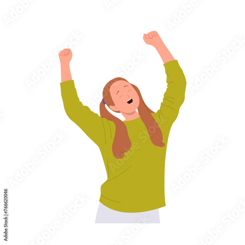 Happy overjoyed preteen girl child cartoon character rejoicing joyfully raising hands overhead