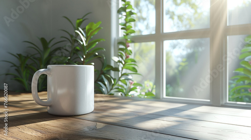 White mug mockup on a wooden table in front of a window © Kordiush