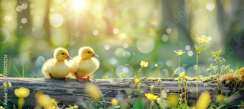 Cute yellow ducklings on a branch in a spring blooming garden. Easter motif of sweet animals photo
