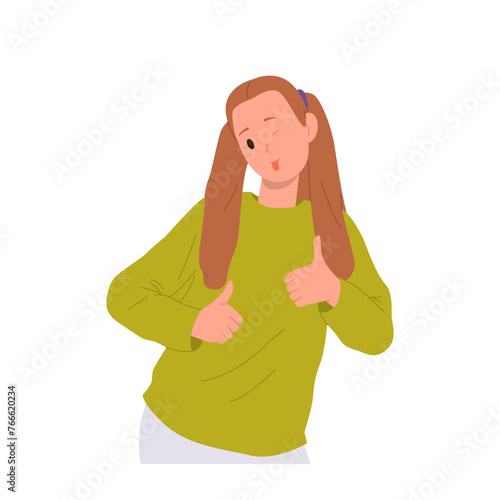 Happy preteen girl child cartoon character gesturing thumbsup winking with eye showing tongue