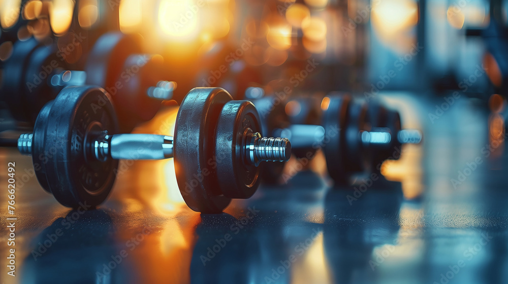 Dumbbells in the gym. Fitness and bodybuilding concept.