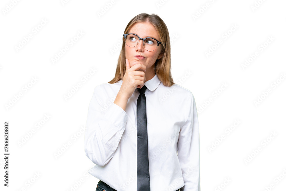 Young business caucasian woman over isolated background having doubts and with confuse face expression Young business caucasian woman over isolated background having doubts and with confuse face expression