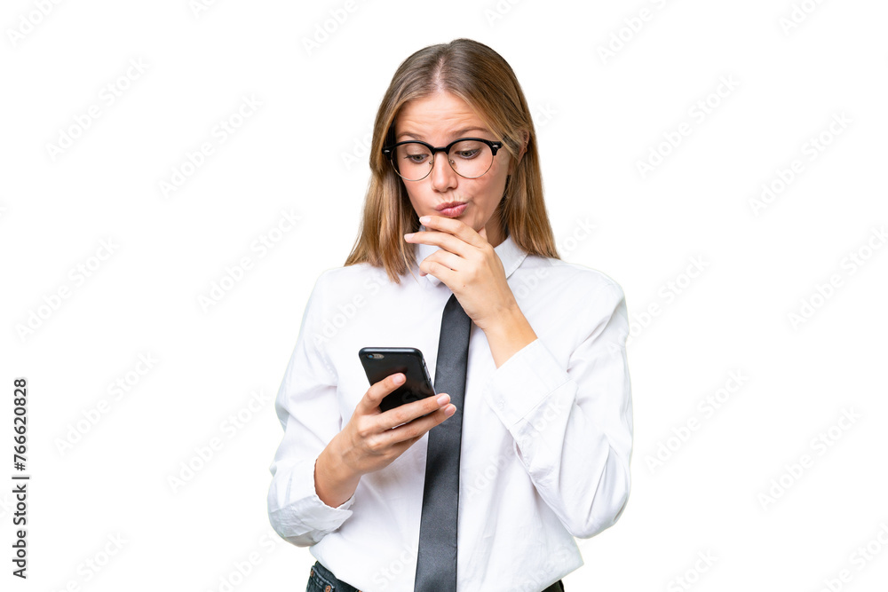 Young business caucasian woman over isolated background thinking and sending a message Young business caucasian woman over isolated background thinking and sending a message