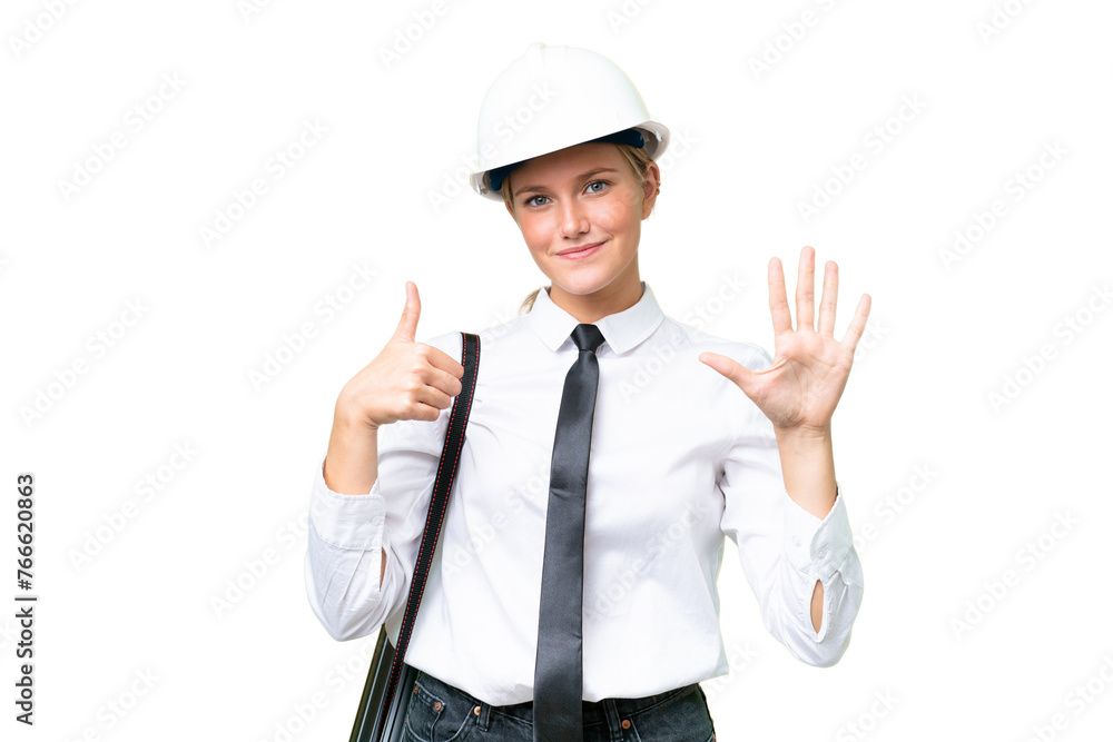 Young architect caucasian woman with helmet and holding blueprints over isolated background counting six with fingers Young architect caucasian woman with helmet and holding blueprints over isolated background counting six with fingers