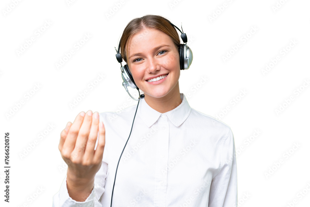 Telemarketer caucasian woman working with a headset over isolated background inviting to come with hand. Happy that you came Telemarketer caucasian woman working with a headset over isolated background inviting to come with hand. Happy that you came
