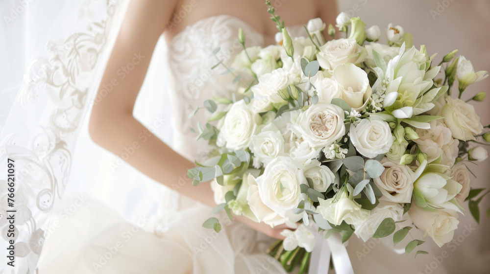 Naklejka premium A close-up of a bride holding a floral bouquet with roses and greenery.