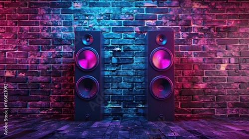 Brick wall background speakers decorated with neon light, music concept AI generated image photo