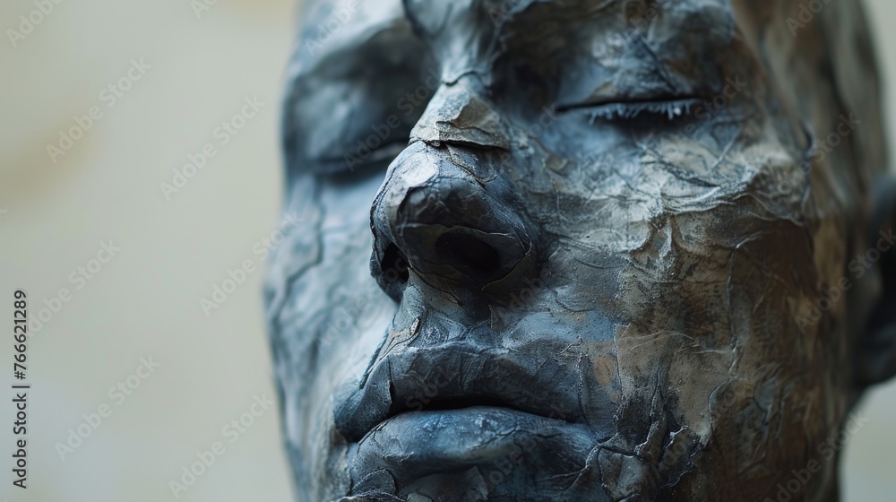 Close-up of a contemplative stone sculpture, with a focus on the textured details and emotive expression of the face Close-up of a contemplative stone sculpture, with a focus on the textured details and emotive expression of the face