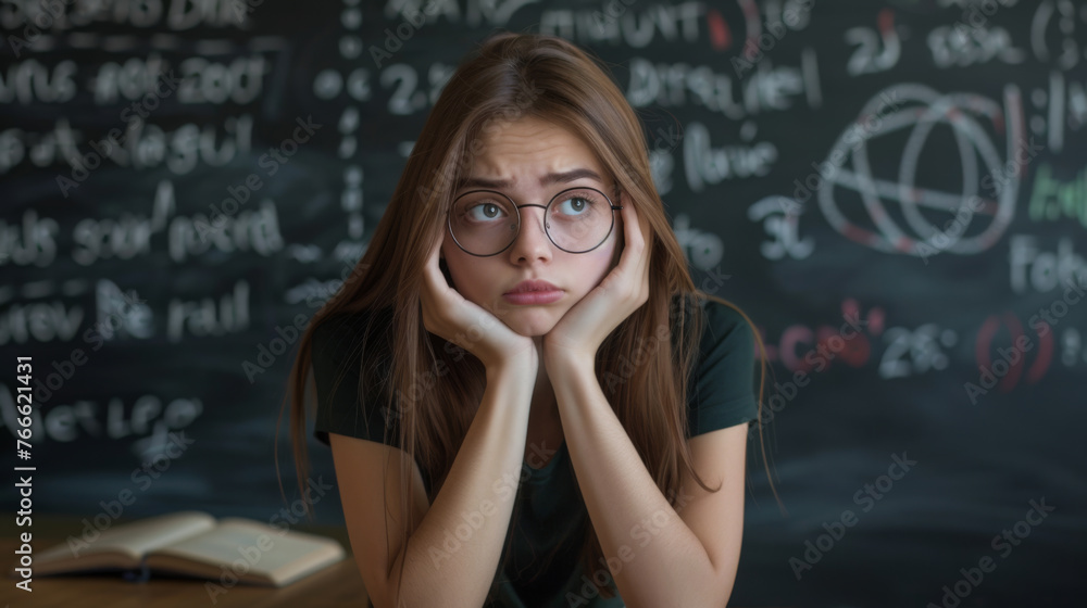 A thoughtful student rests her chin on her hands against a backdrop of complex equations on a chalkboard. A thoughtful student rests her chin on her hands against a backdrop of complex equations on a chalkboard.