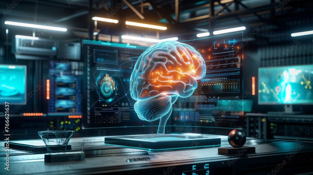 neural artificial intelligence brain in factory lab for futuristic research, technology innovation and machine learning network IQ of generative art and AI tools as wide banner hologram - obrazy, fototapety, plakaty 