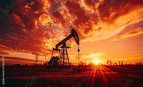 The silhouette of an oil pump stands out against the fiery backdrop of a sunset sky.